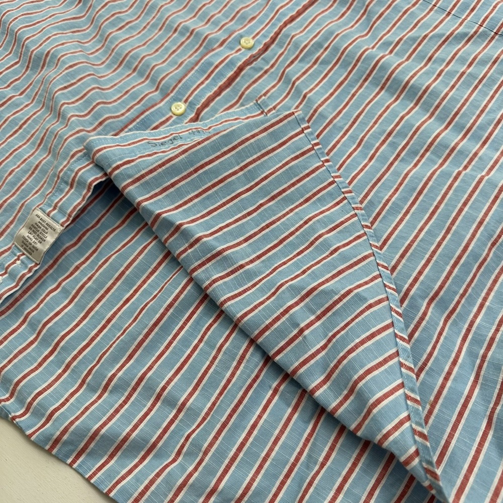 Peter Millar Striped Shirt Large Men Spread Collar Red Blue Turkey Cotton - Picture 7 of 8